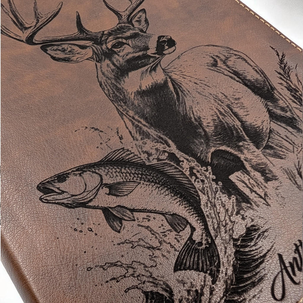 Personalized NIV Journal Bible: Engraved Buck Deer a Red Drum Fish, Lined Wide Margins