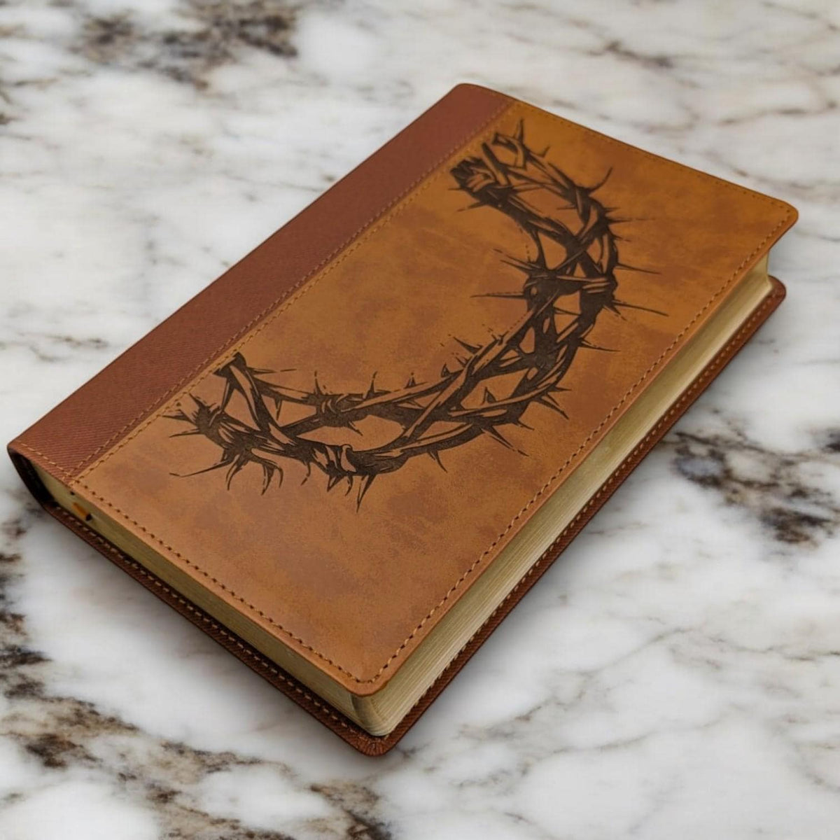 Personalized NIV Bible Large Print: Engraved Crown of Thorns, Brown Leatherlike