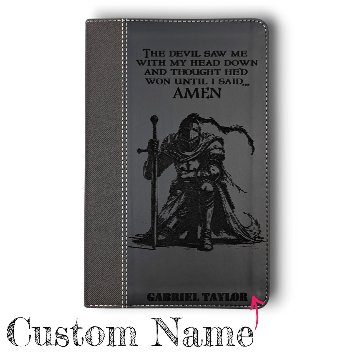 Personalized NIV Bible Large Print: Engraved Kneeling Warrior, Black Leatherlike