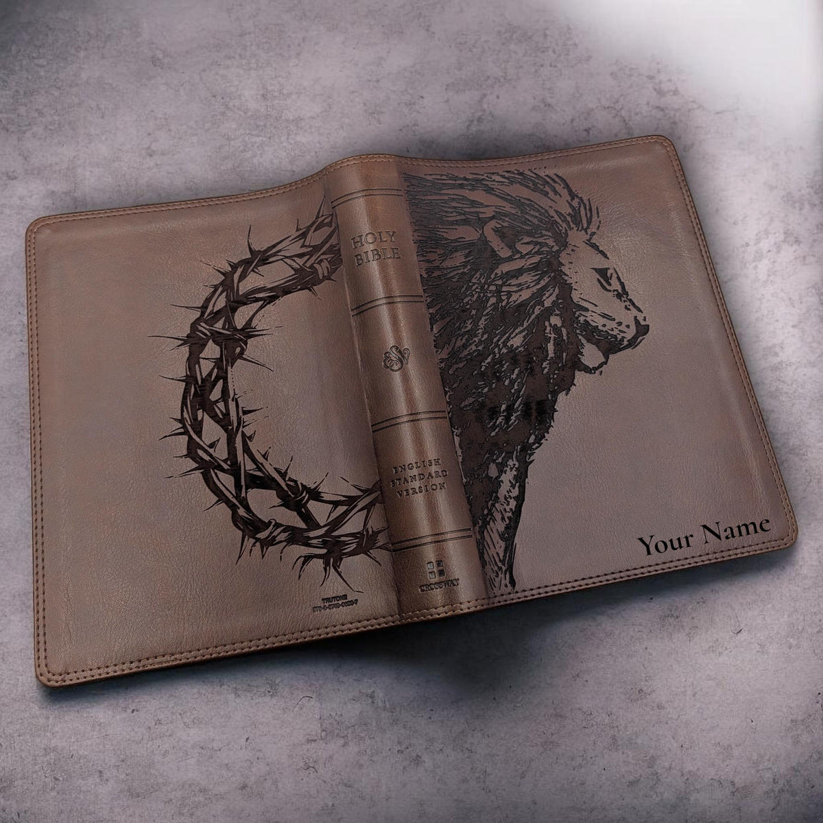 Personalized ESV Bible Giant Print: Engraved Lion and Crown of Thorns, Brown Leatherlike
