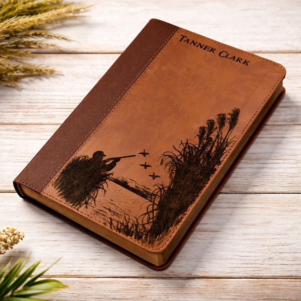 Personalized NIV Bible Large Print: Engraved Duck Hunting Design, Brown Leatherlike, Optional Thumb Index