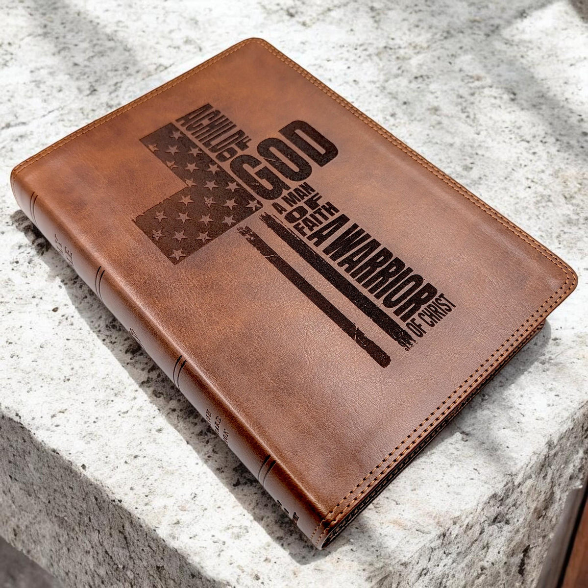 Personalized ESV Bible Giant Print: Engraved Warrior of Christ Cross Design, Deep Brown Leatherlike