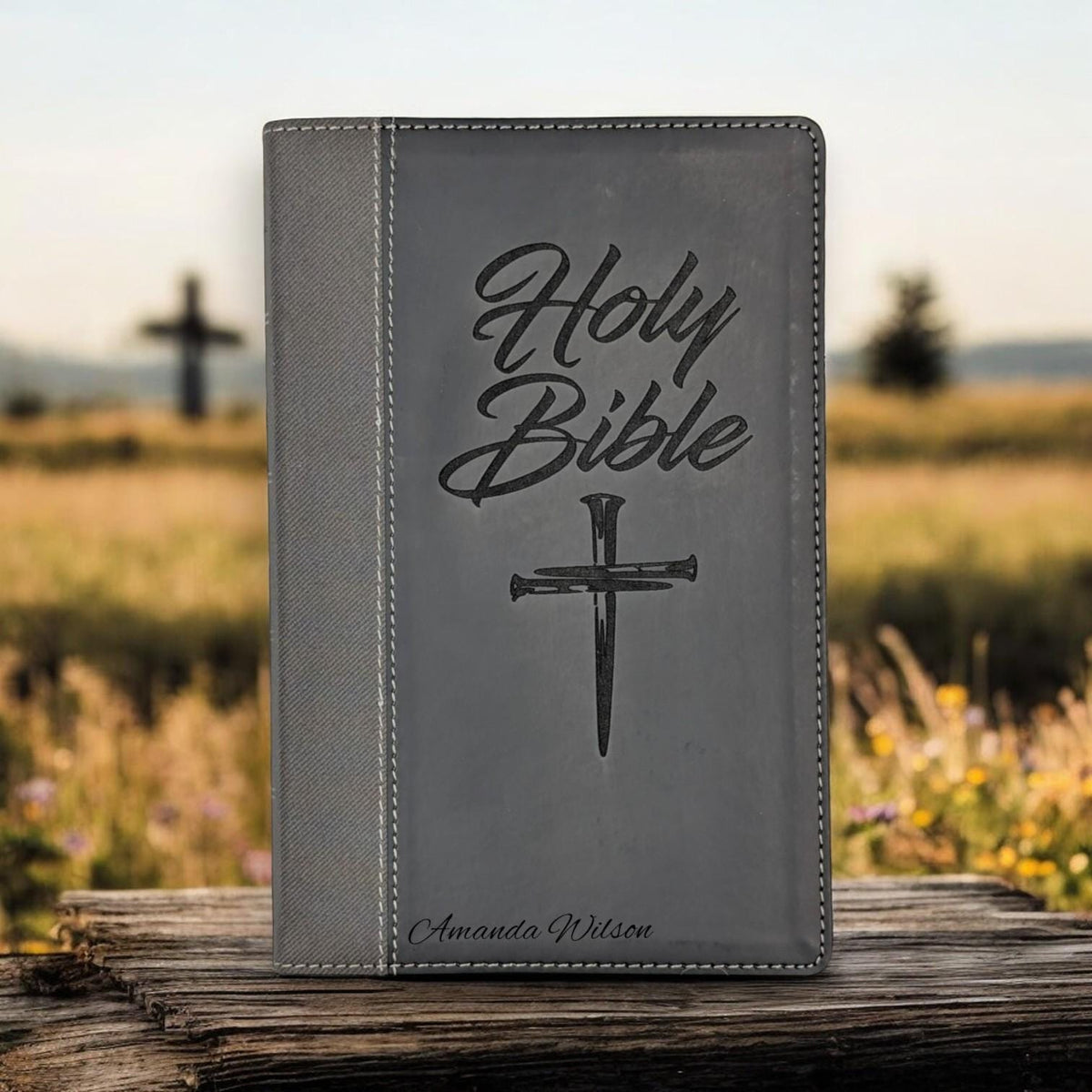 Personalized NIV Bible Large Print: Engraved Cross of Nails, Black Leatherlike, Thumb Index