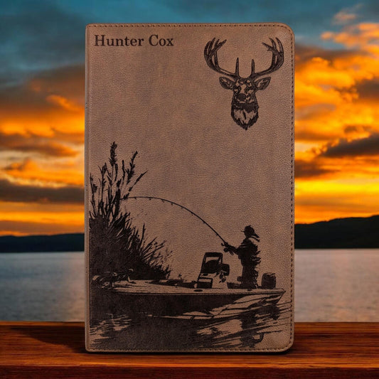 Personalized King James Bible KJV, Personal Size: Engraved Fisherman and Buck Design, Brown Leatherlike