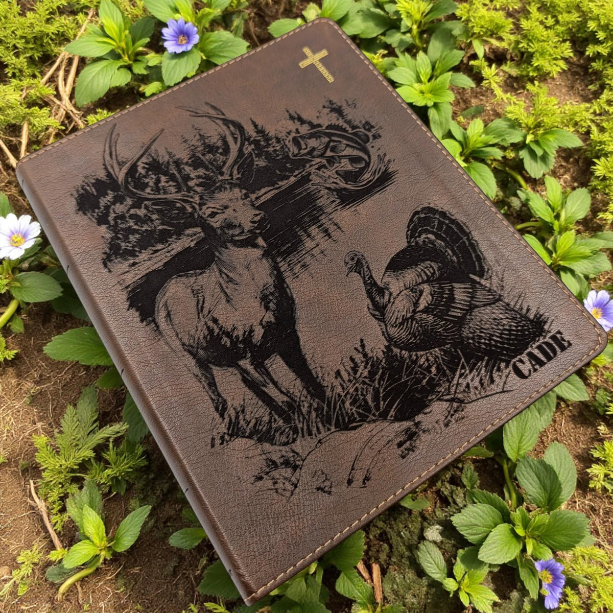 Personalized NIV Journal Bible: Engraved Deer Fish Turkey, Lined Wide Margins