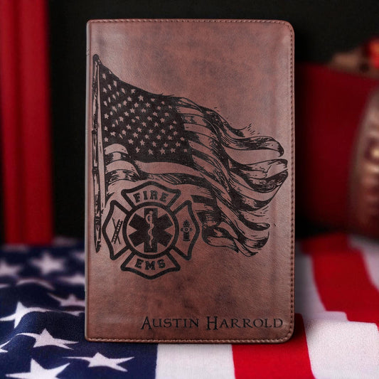 Personalized ESV Bible Large Print: Engraved EMS Firefighter and American Flag