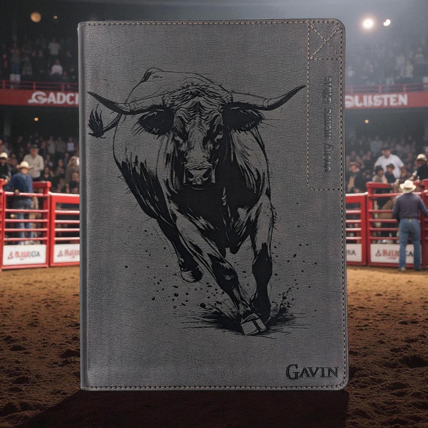 Personalized Every Man's Large Print NLT Bible: Engraved Rodeo Bull & Kneeling Cowboy, Brown Cover