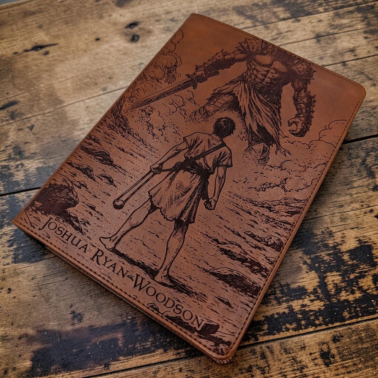 Personalized CSB He Reads Truth Bible: Engraved David & Goliath, Brown Leatherlike, Wide Margin