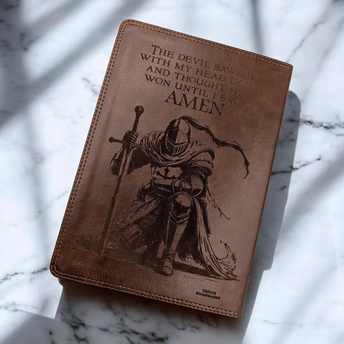 Personalized ESV Bible Giant Print: Engraved Michael the Archangel & Kneeling Warrior, Deep Brown Leatherlike