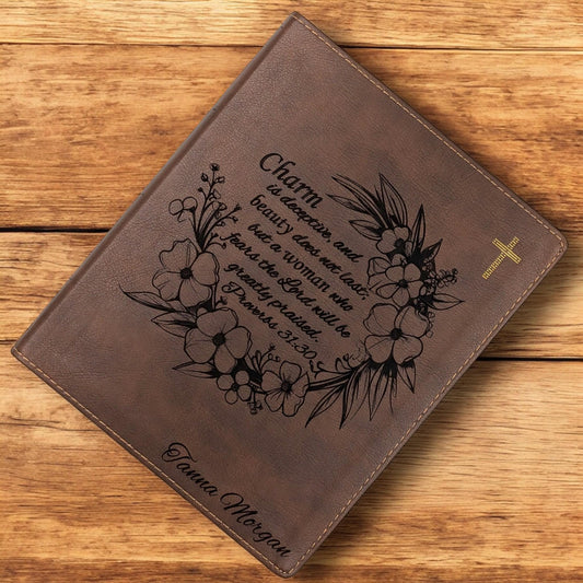 Personalized NIV Journal Bible: Engraved Flower Wreath and Proverbs 31-30, Lined Wide Margins