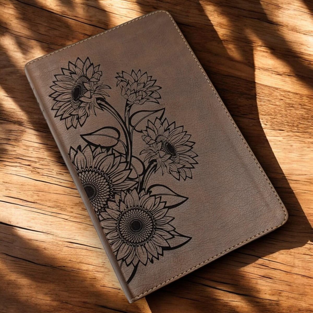 Personalized NLT Thinline Reference Bible for Women: Engraved Sunflower, Rustic Brown Leatherlike