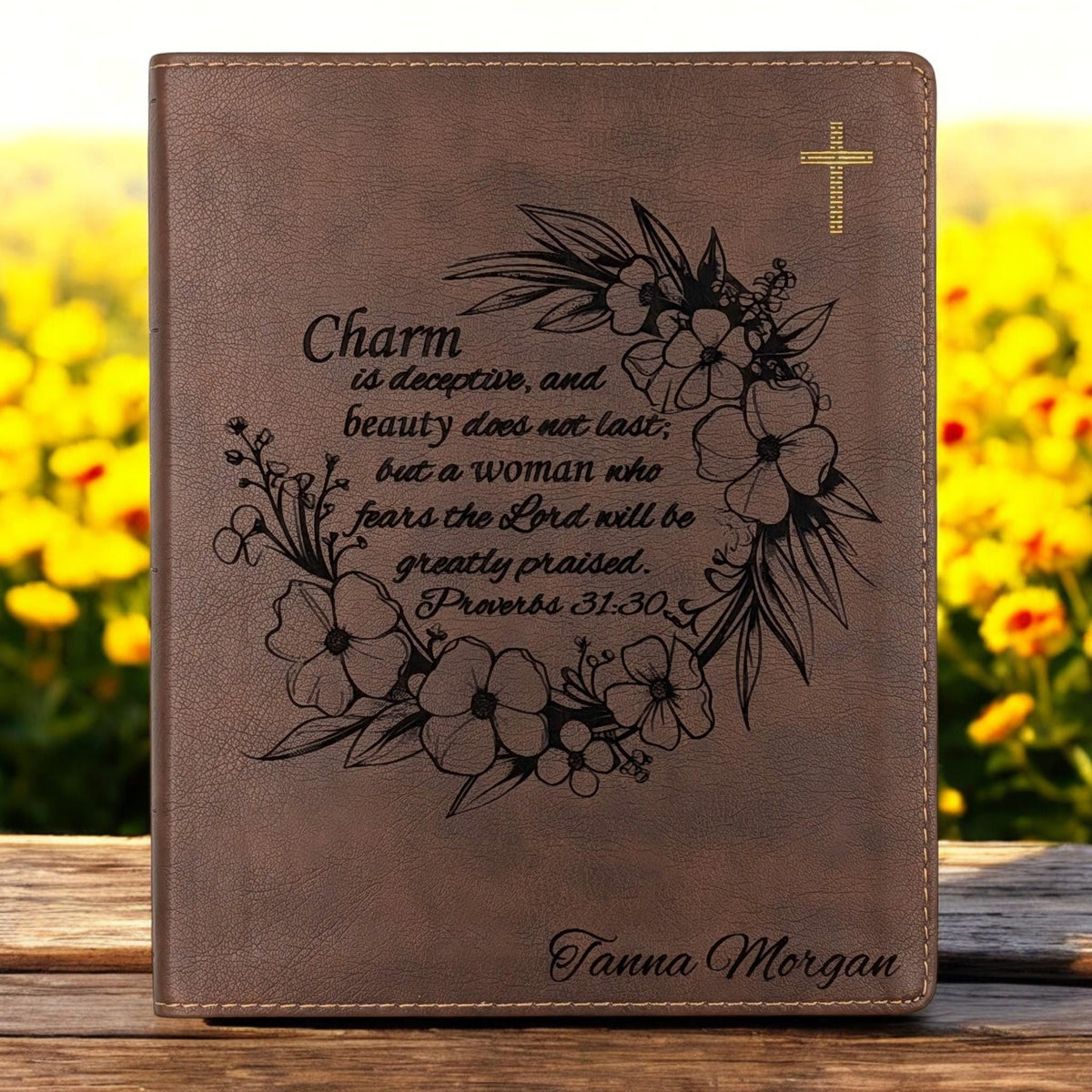 Personalized NIV Journal Bible: Engraved Flower Wreath and Proverbs 31-30, Lined Wide Margins