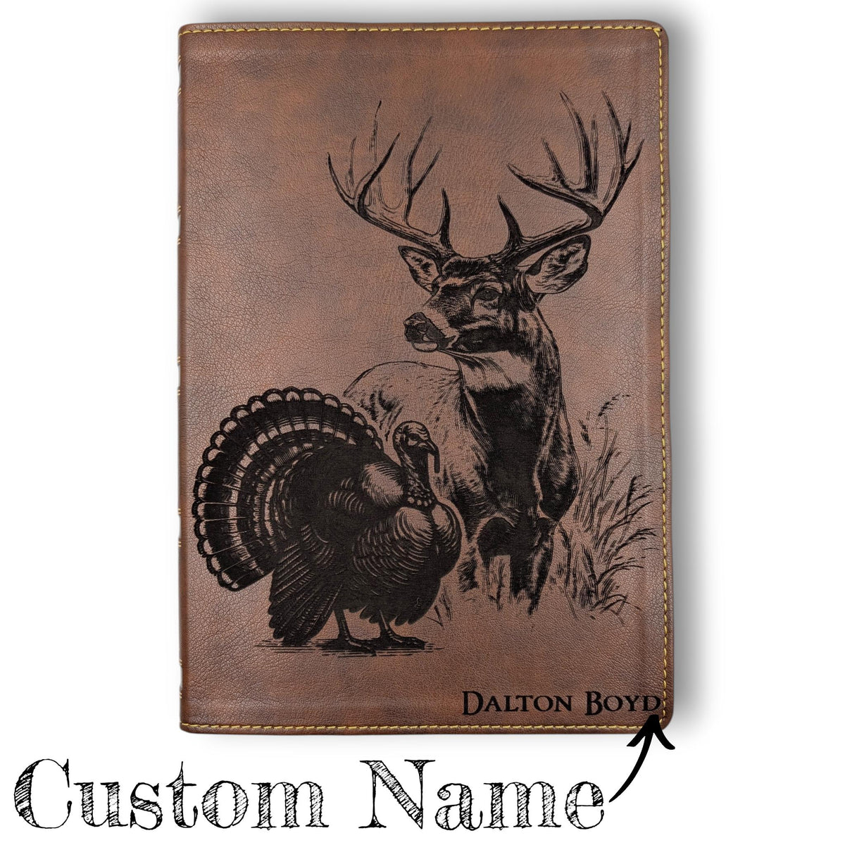Personalized NKJV Bible with References: Engraved Buck Deer and Turkey, Wide Margins