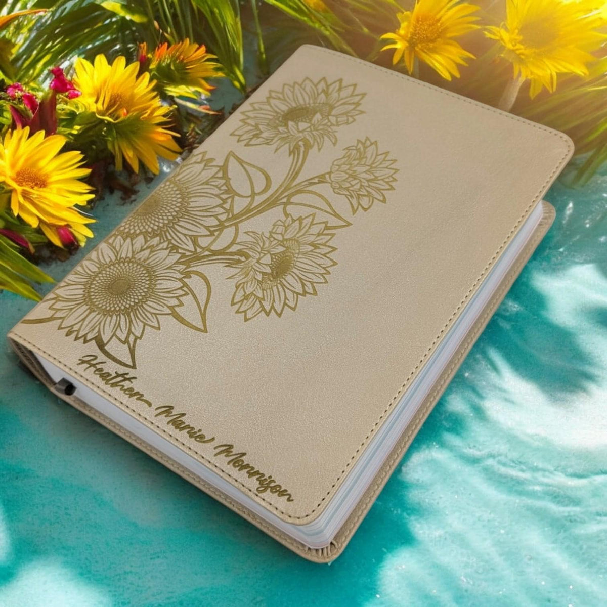 Personalized CSB She Reads Truth Bible: Engraved Sunflower Design, Wide Margins, Champagne Leatherlike