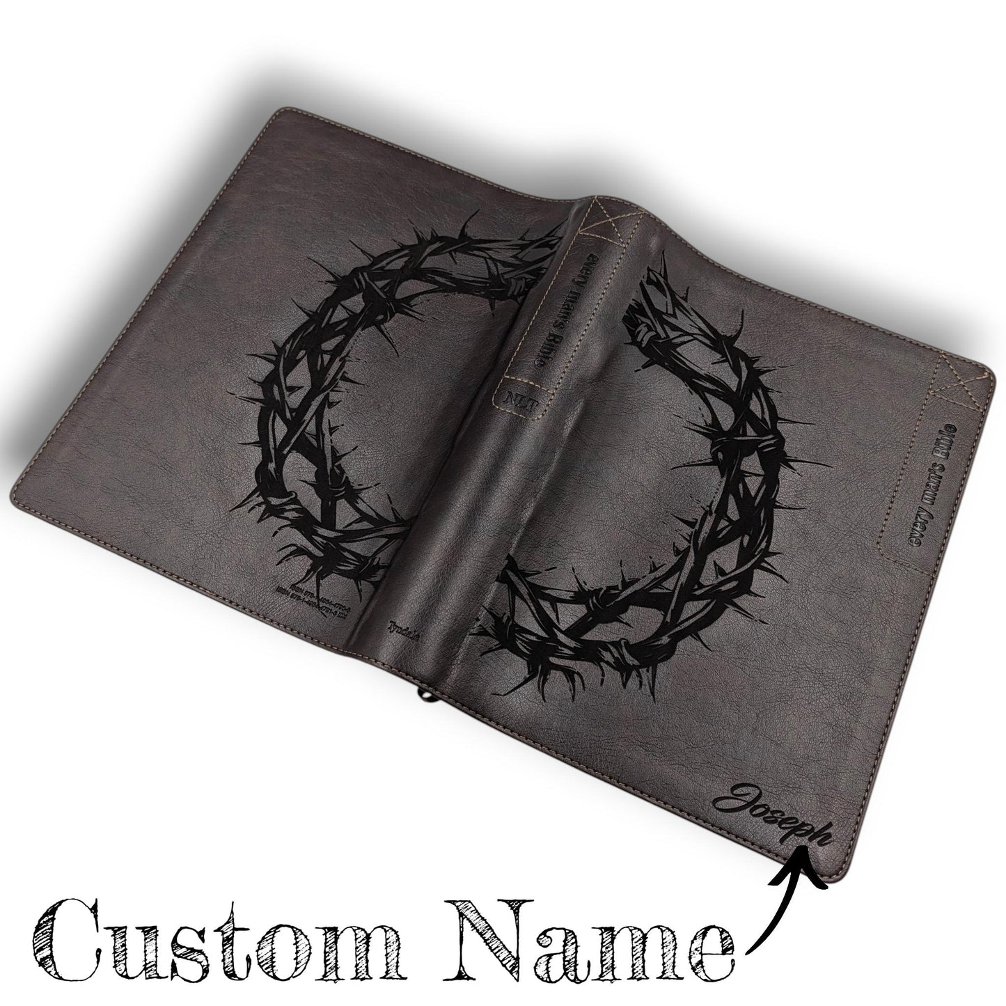 Personalized Every Man's Large Print NIV Bible: Engraved Full Crown of Thorns, Brown Leatherlike