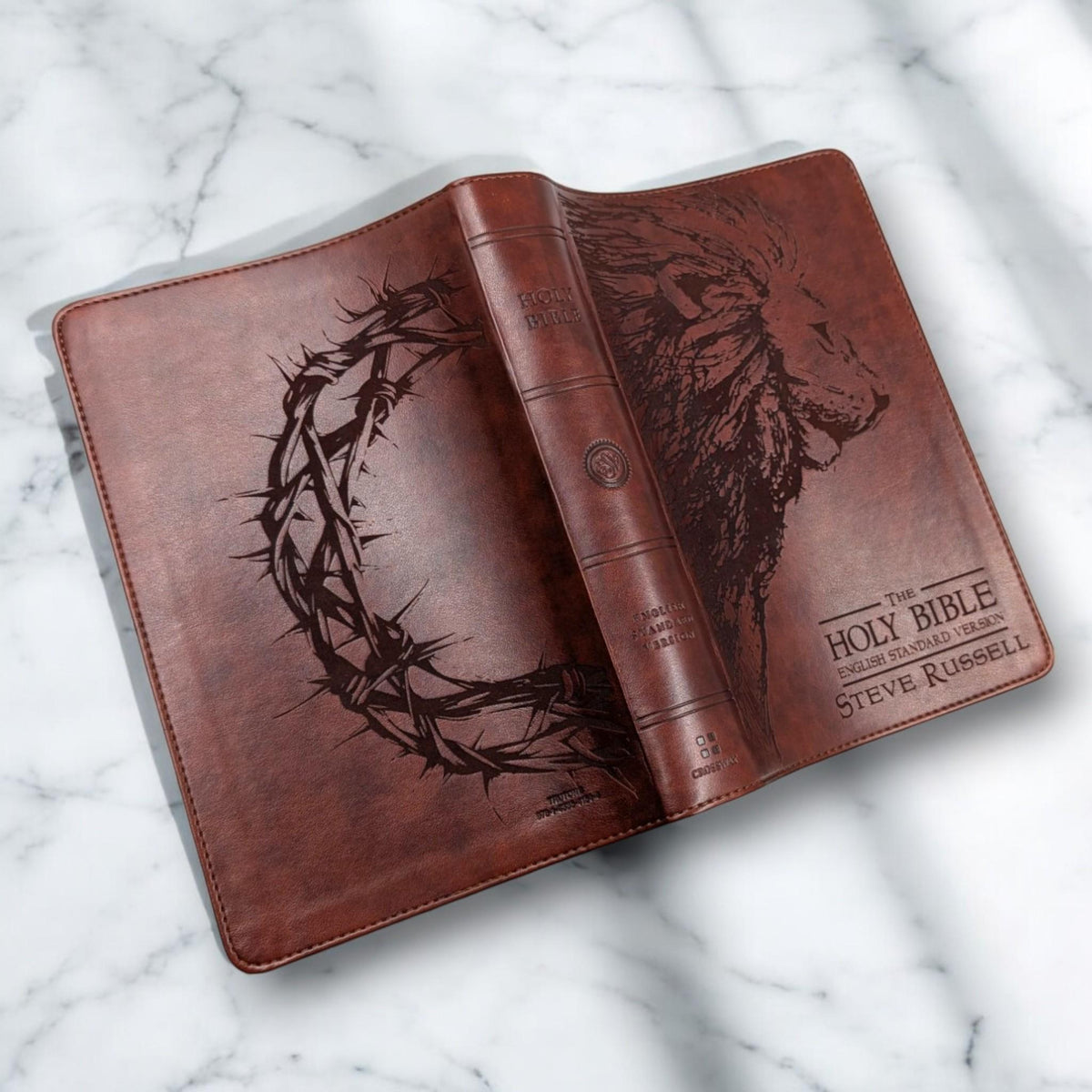 Personalized ESV Bible Large Print: Engraved Lion and Crown of Thorns