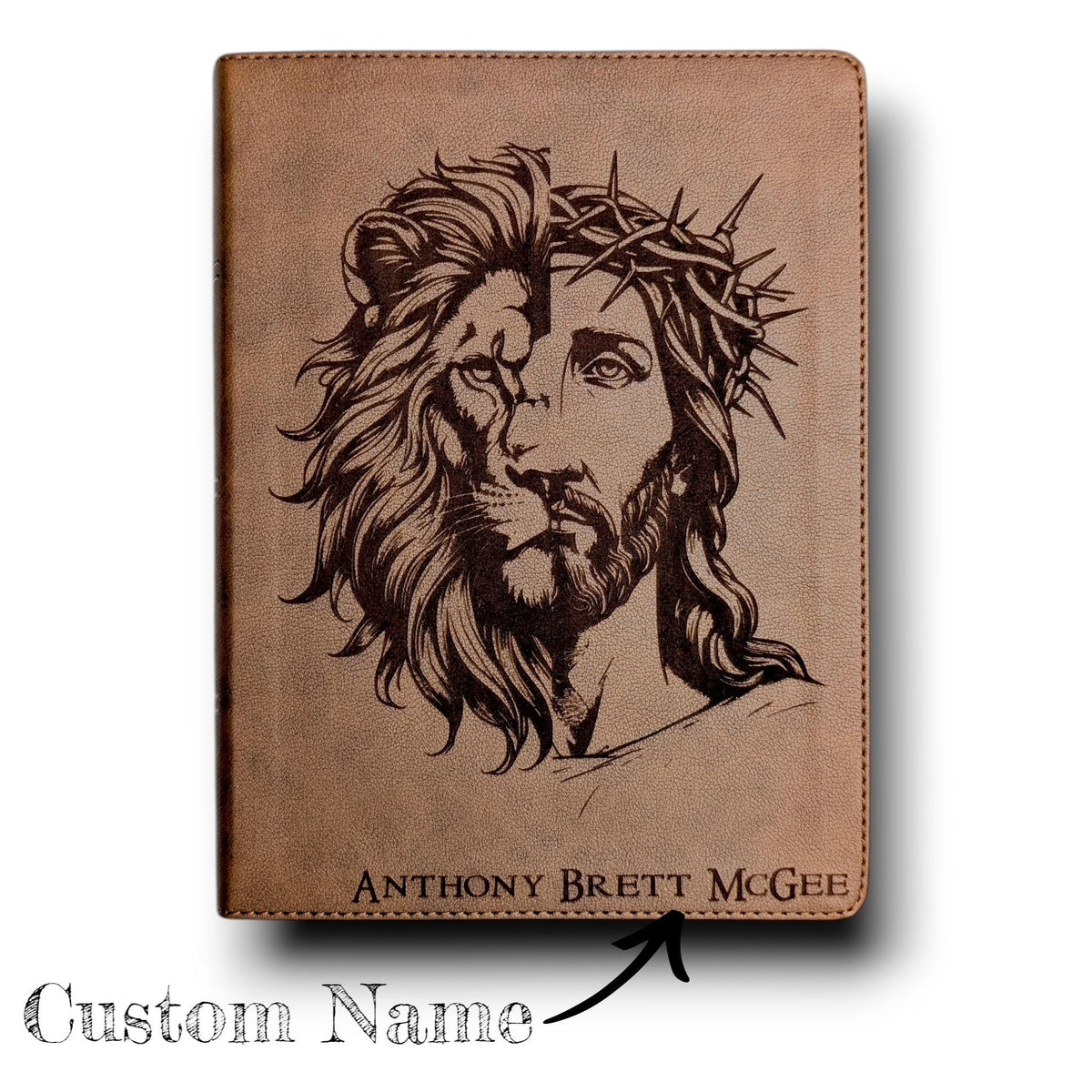 Personalized KJV Bible: Engraved Lion and Jesus, Wide Margin, Brown Leatherlike