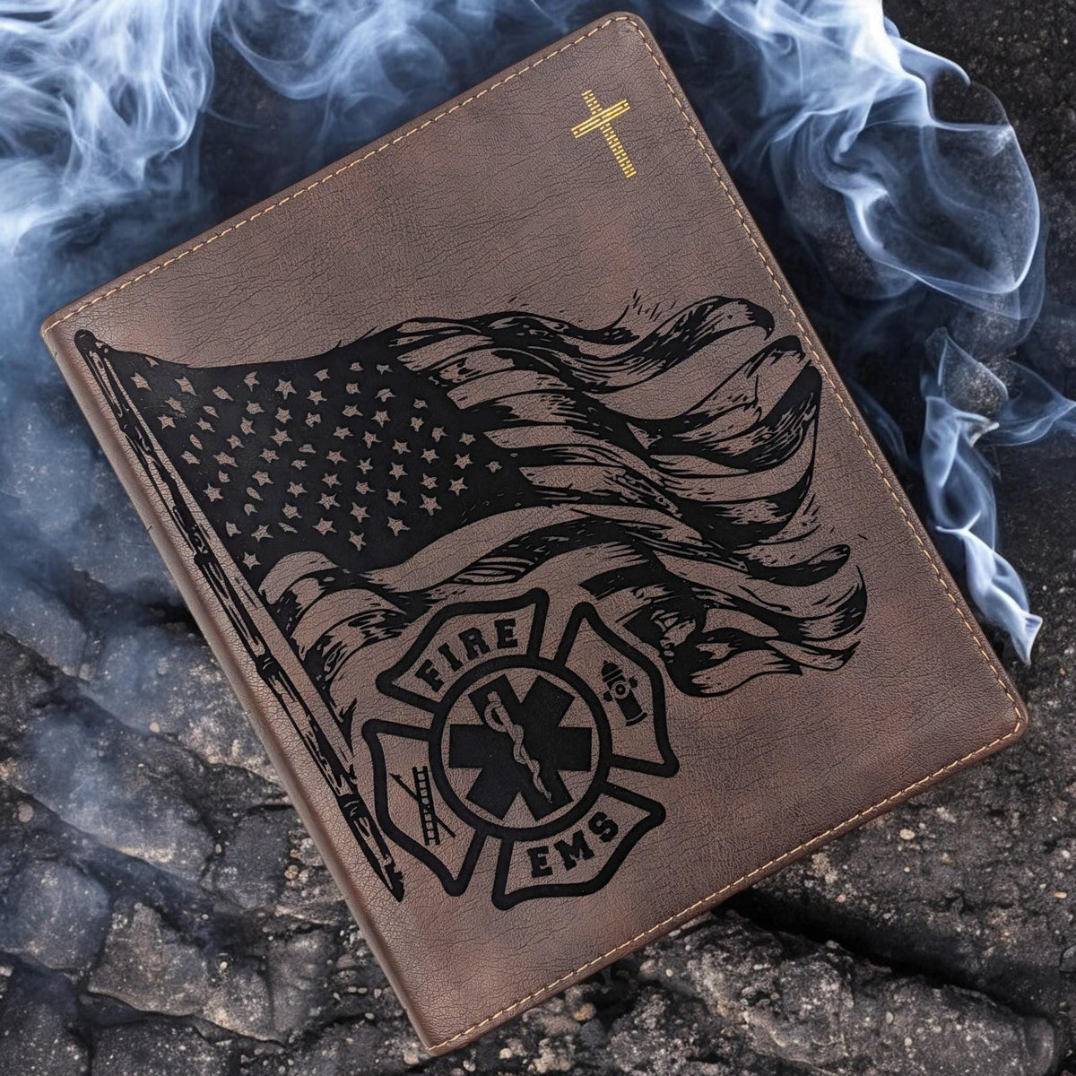 Personalized NIV Journal Bible: Engraved EMS Firefighter and American Flag, Lined Wide Margins