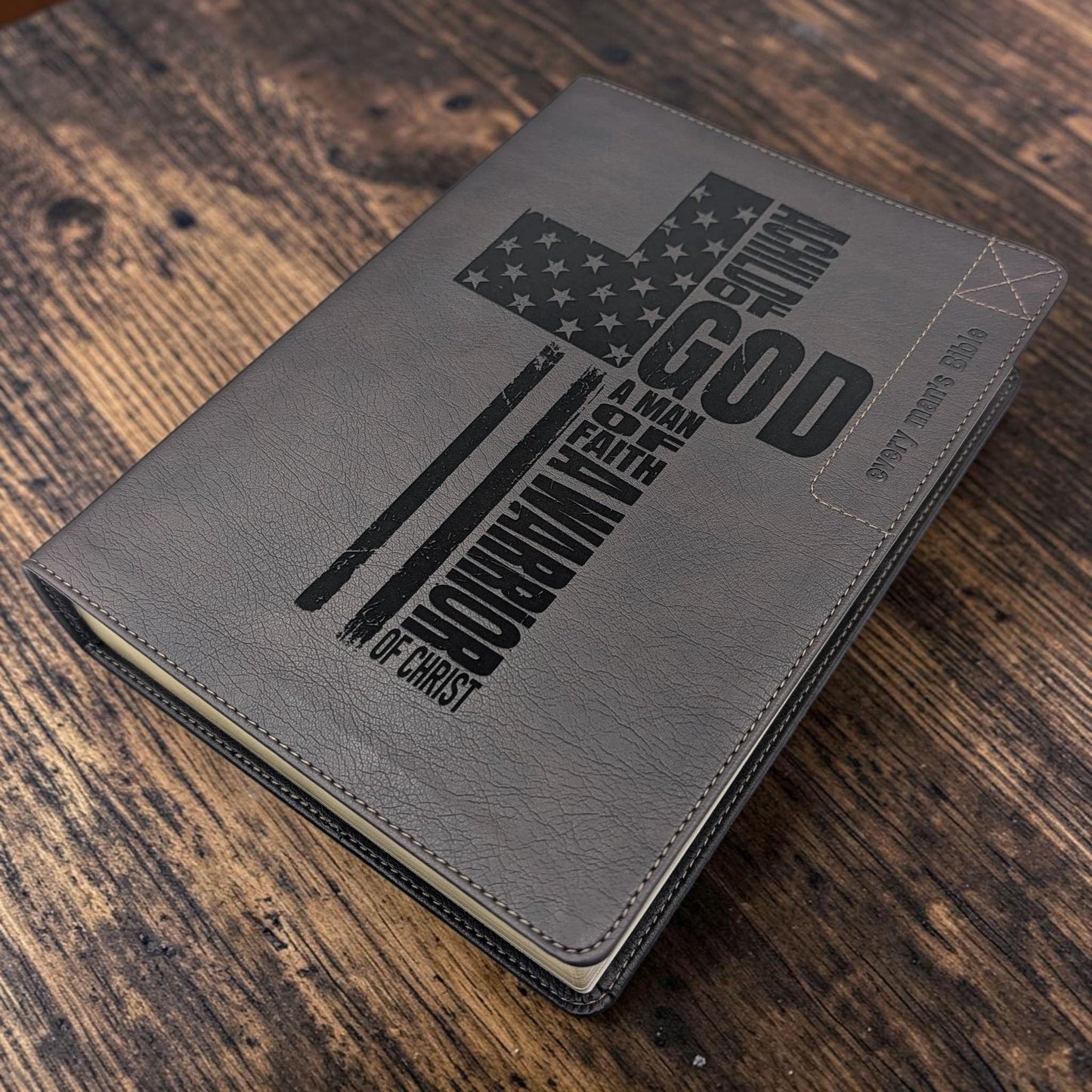 Personalized Every Man's Large Print NLT Bible (Brown): Engraved Flag Cross, Optional Thumb Index