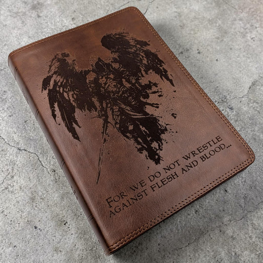 Personalized ESV Bible Giant Print: Engraved Michael the Archangel, Deep Brown Leatherlike