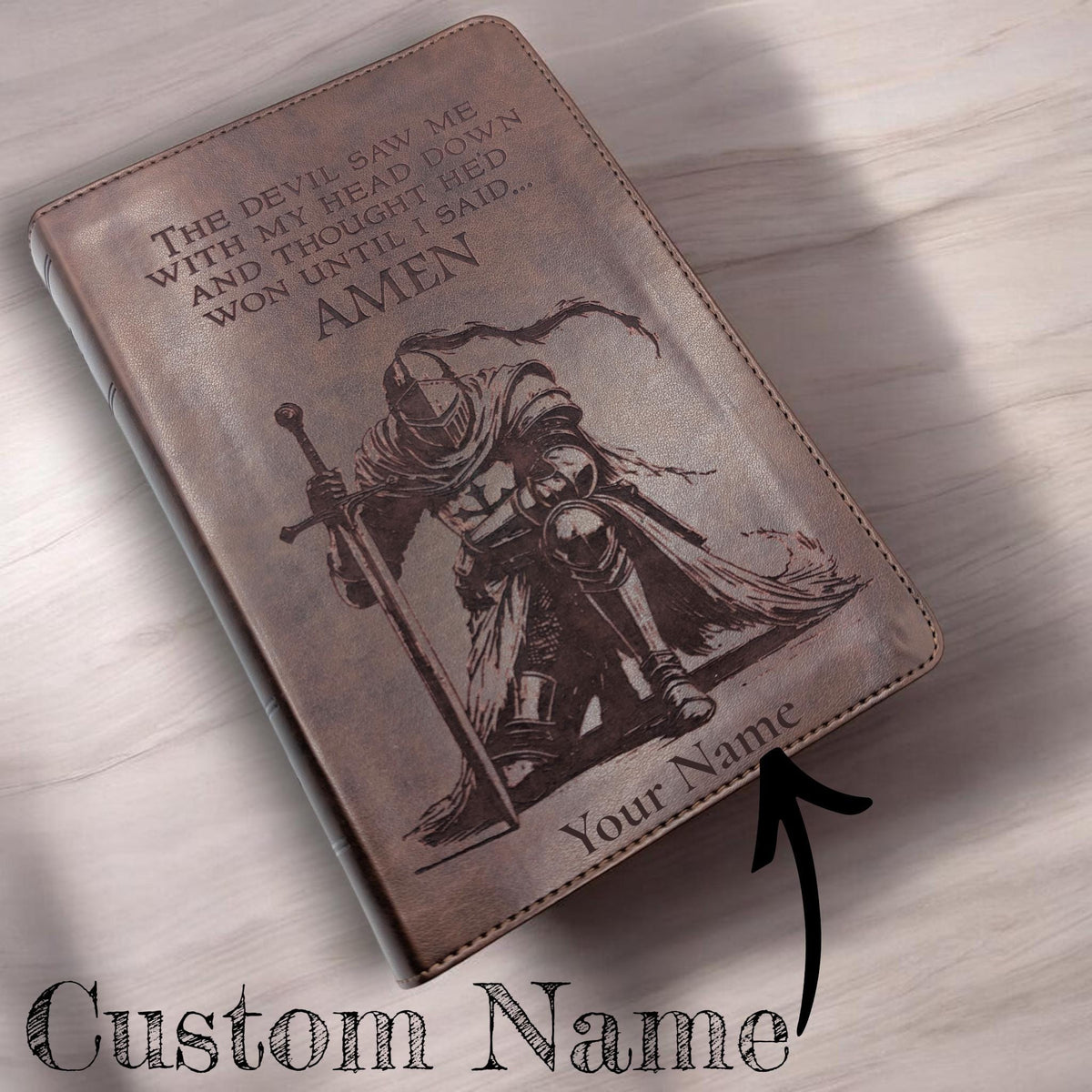 Personalized ESV Study Bible: Engraved Kneeling Warrior, Brown Leatherlike, Personal Size