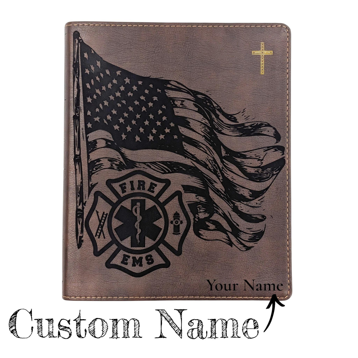 Personalized NIV Journal Bible: Engraved EMS Firefighter and American Flag, Lined Wide Margins