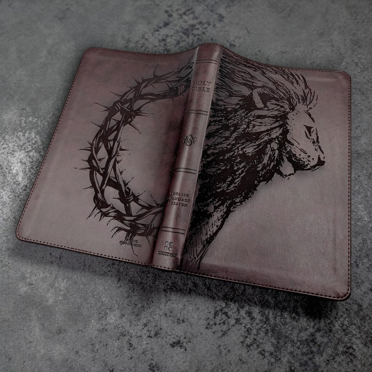 Personalized ESV Thinline Bible Large Print: Engraved Lion & Crown of Thorns, Mahogany Cover