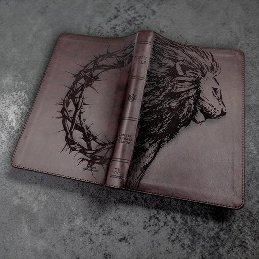 Personalized ESV Thinline Bible Large Print: Engraved Lion & Crown of Thorns, Mahogany Cover