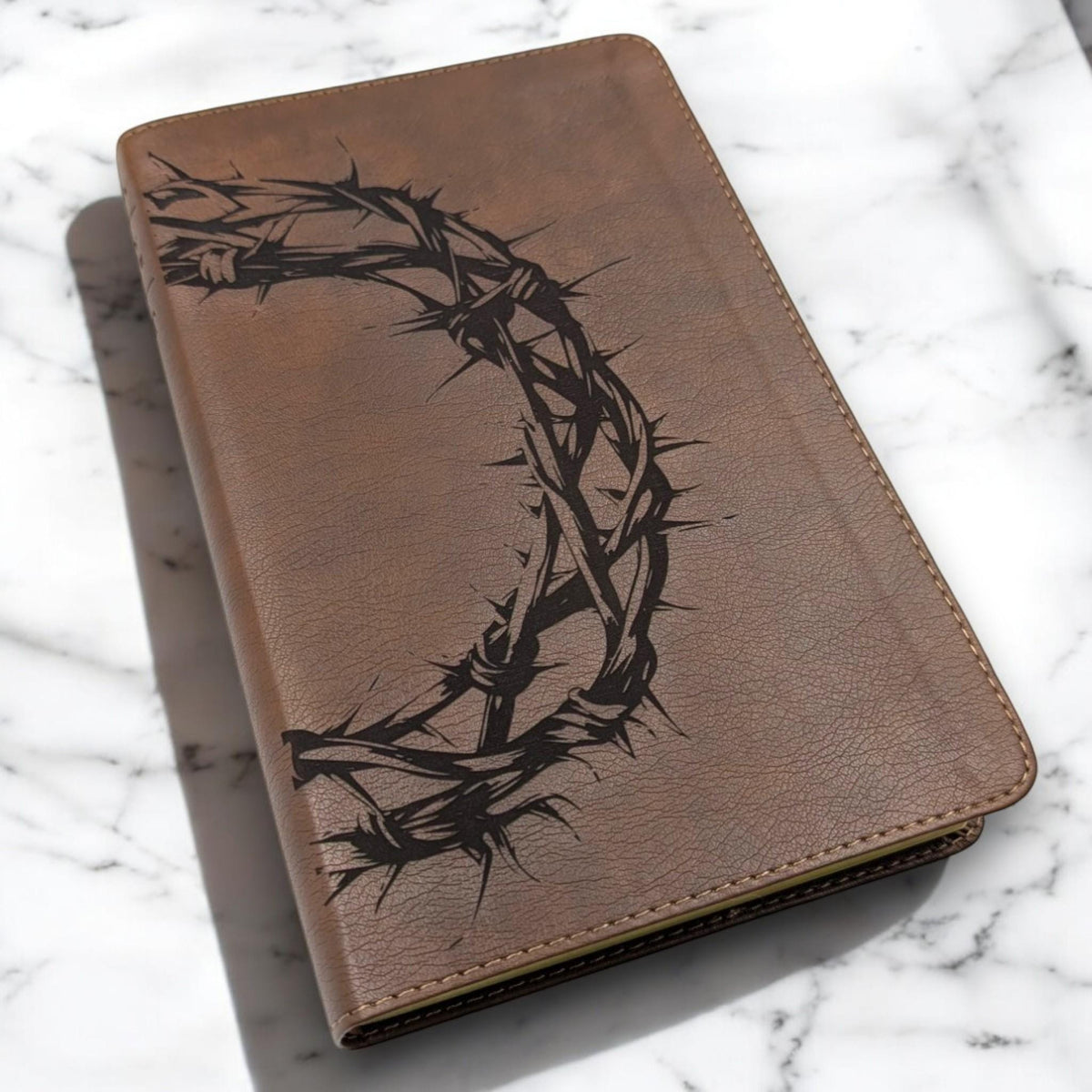 Personalized NLT Thinline Reference Bible: Engraved Crown of Thorns, Rustic Brown Leatherlike