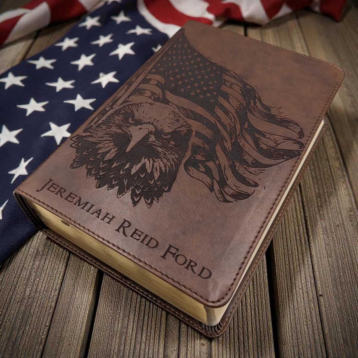 Personalized ESV Study Bible: Engraved American Flag and Eagle Design, Brown Leatherlike, Personal Size