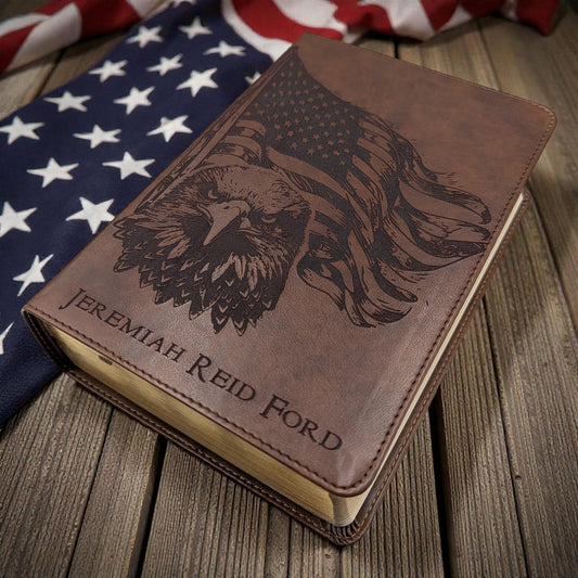 Personalized ESV Study Bible: Engraved American Flag and Eagle Design, Brown Leatherlike, Personal Size