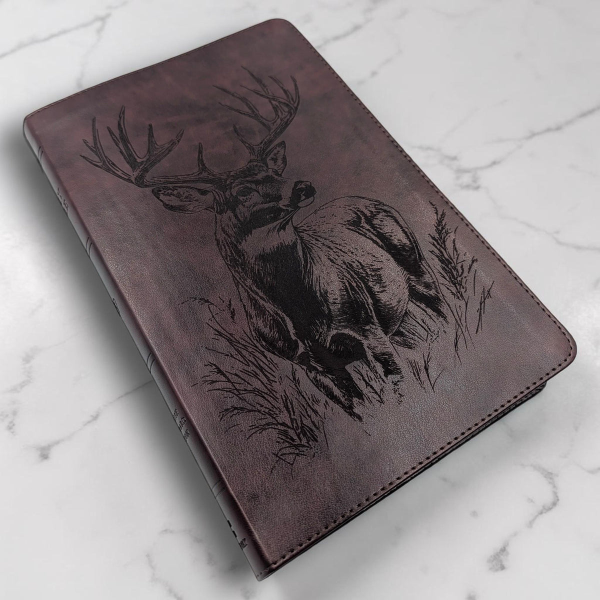 Personalized ESV Thinline Bible Large Print: Engraved Buck Deer Design, Mahogany Leatherlike Cover