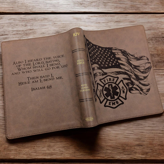 Personalized KJV Bible: Engraved EMS Firefighter, Wide Margin, Brown