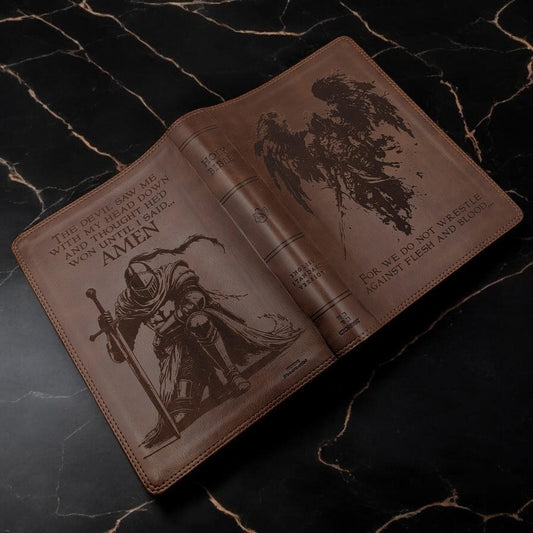 Personalized ESV Bible Giant Print: Engraved Michael the Archangel & Kneeling Warrior, Deep Brown Leatherlike