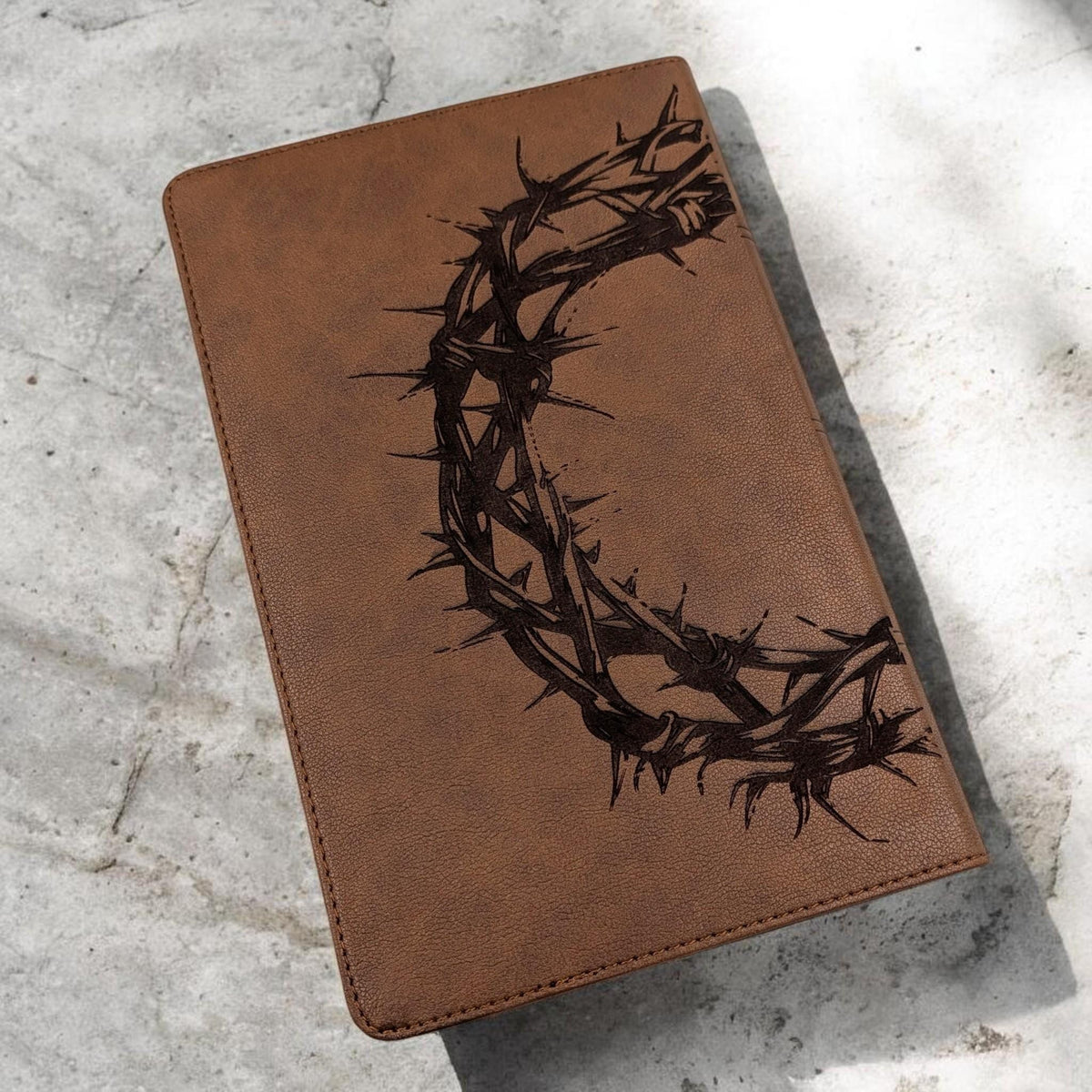 Personalized KJV Bible Personal Size: Engraved Kneeling Warrior and Crown of Thorns, Brown Cover