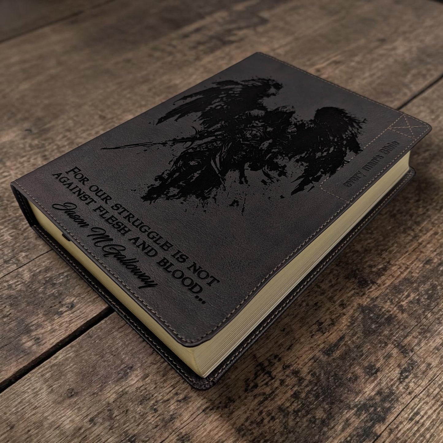 Personalized Every Man's NLT Bible (Brown): Michael Archangel, Kneeling Warrior Engraving, Optional Thumb Index