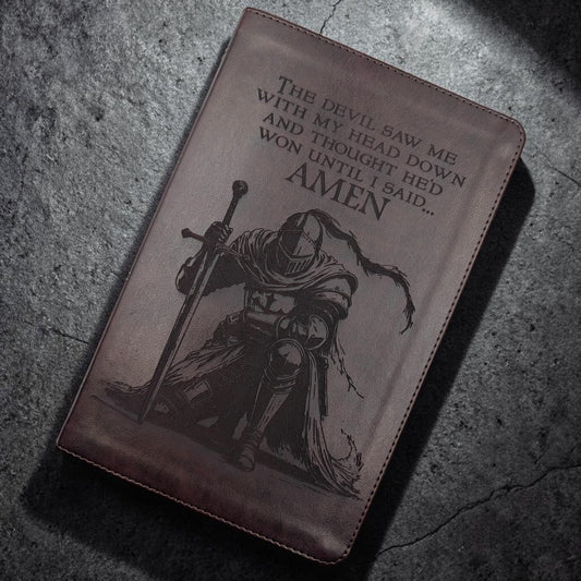 Personalized ESV Thinline Bible Large Print: Engraved Kneeling Warrior, Mahogany Cover, Red Letter