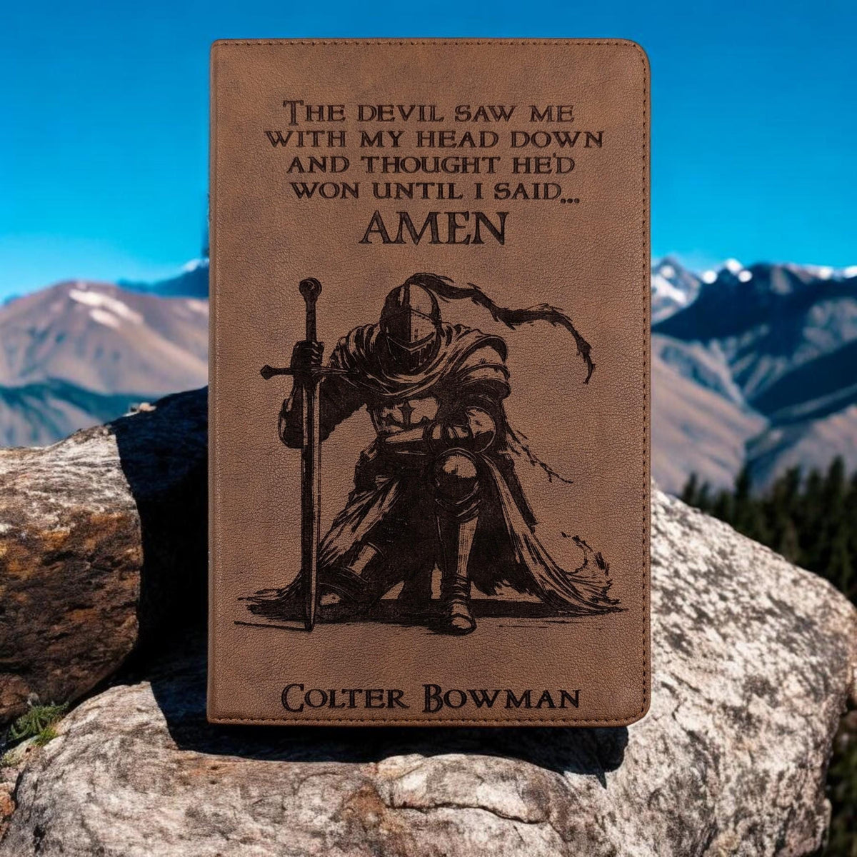 Personalized KJV Bible Personal Size: Engraved Kneeling Warrior and Crown of Thorns, Brown Cover