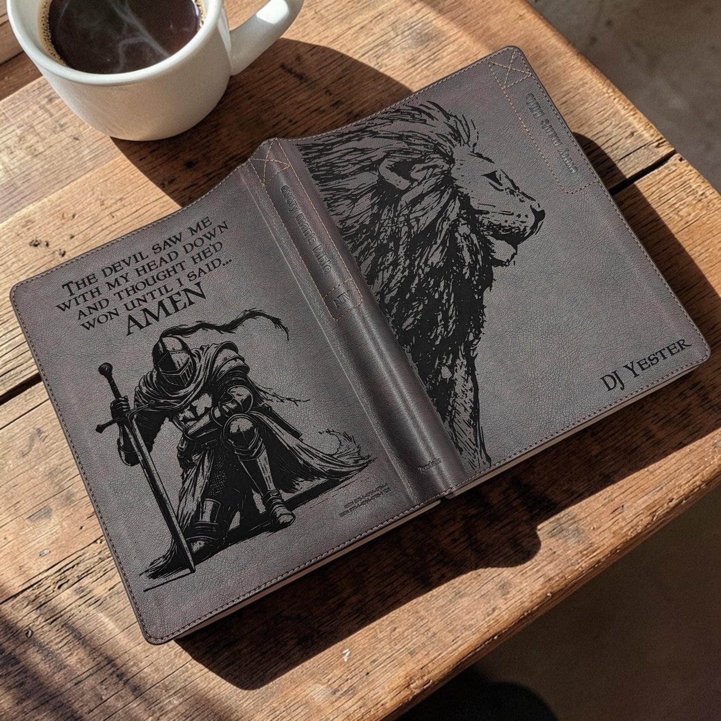 Personalized Every Man's Large Print NIV Bible: Engraved Lion and Kneeling Warrior, Brown Leatherlike