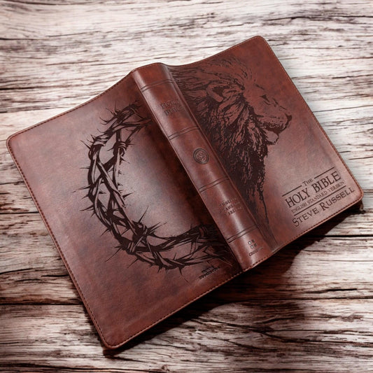 Personalized ESV Bible Large Print: Engraved Lion and Crown of Thorns