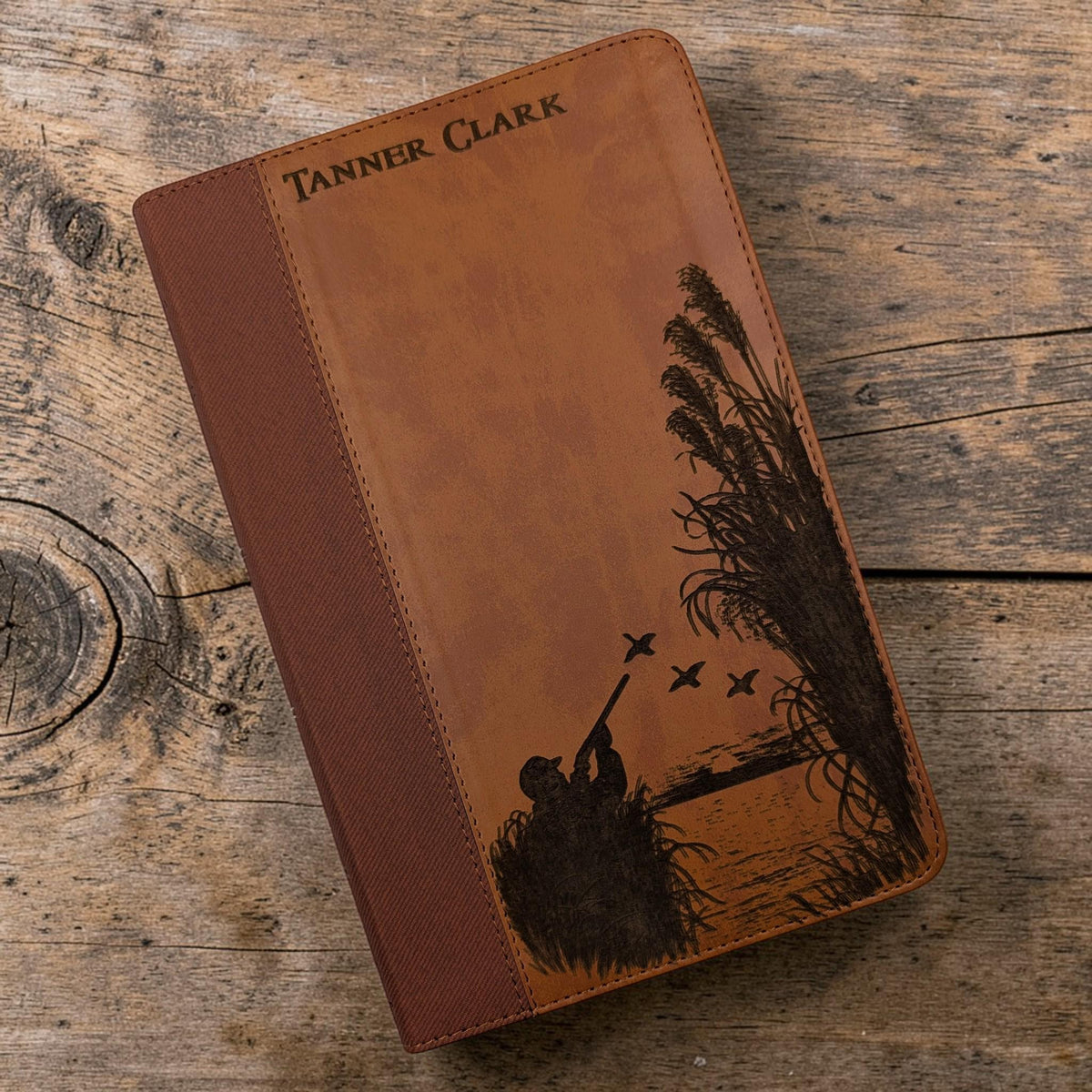 Personalized NIV Bible Large Print: Engraved Duck Hunting Design, Brown Leatherlike, Optional Thumb Index