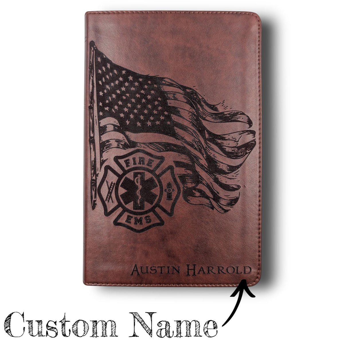 Personalized ESV Bible Large Print: Engraved EMS Firefighter and American Flag