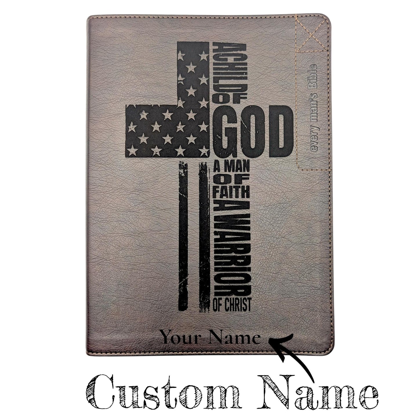 Personalized Every Man's Large Print NIV Bible: Engraved Flag Cross, Brown Leatherlike