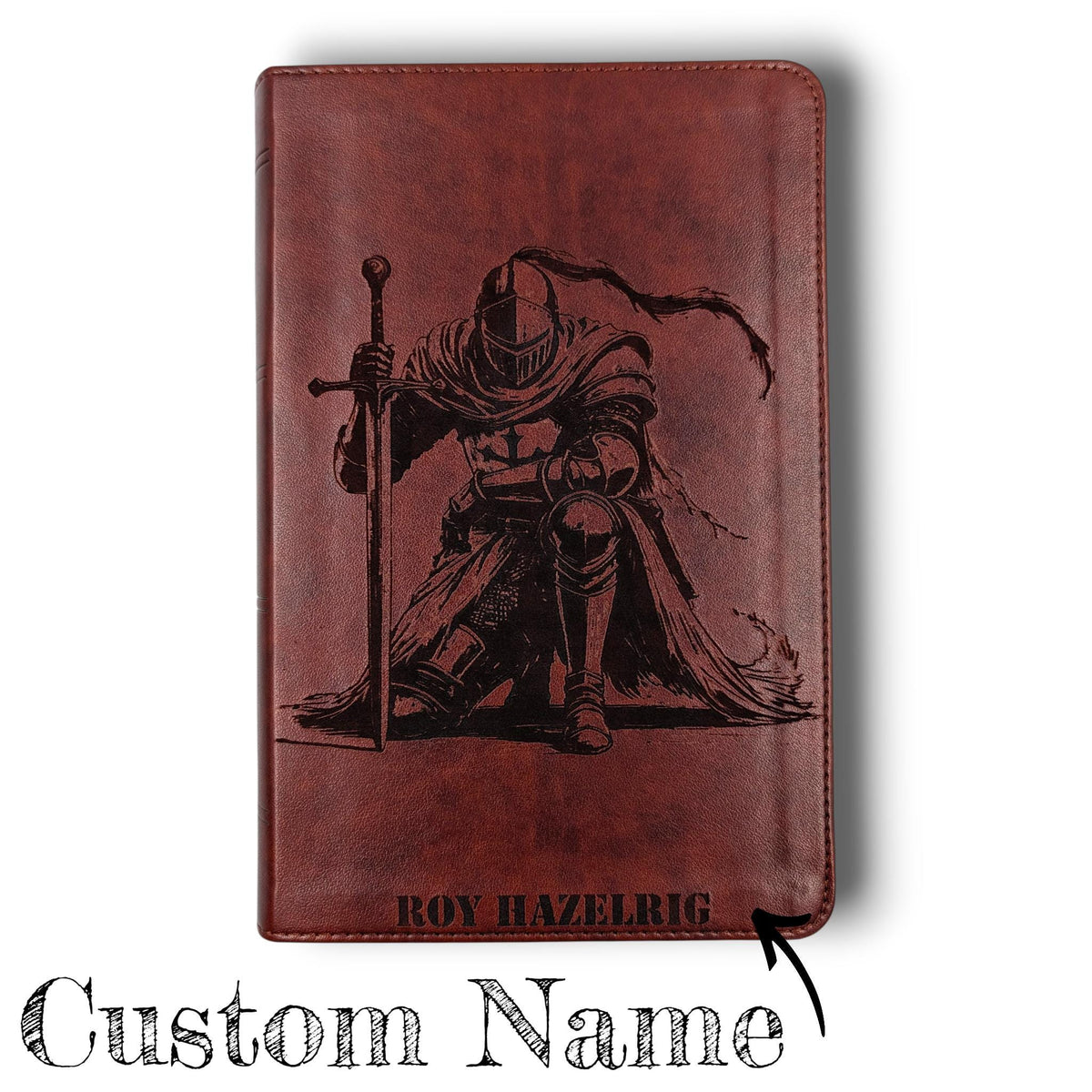 Personalized ESV Bible Large Print: Engraved Kneeling Warrior, Chestnut Brown Cover, Red Letter