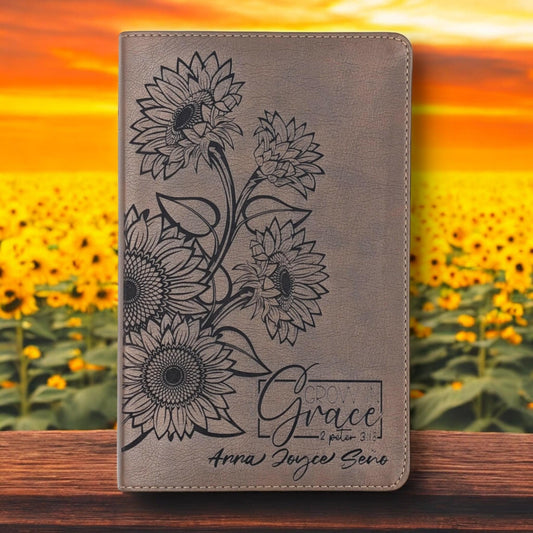 Personalized NLT Thinline Reference Bible for Women: Engraved Sunflower & Grow in Grace, Rustic Brown