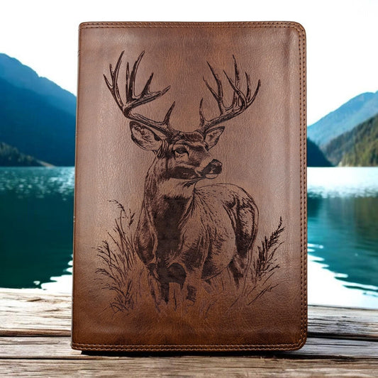 Personalized ESV Bible Giant Print: Engraved Buck Deer, Deep Brown Leatherlike
