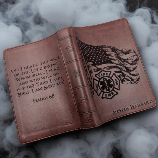 Personalized ESV Bible Large Print: Engraved EMS Firefighter and American Flag