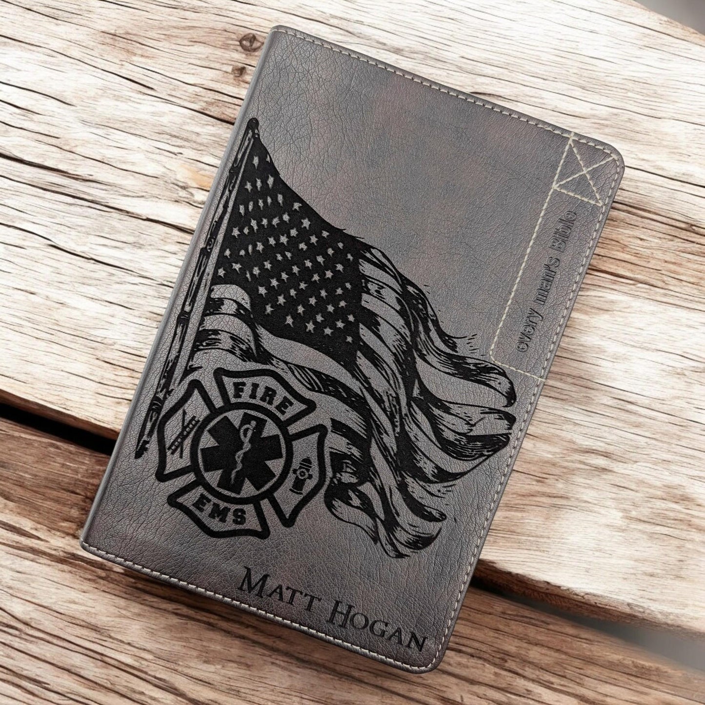 Personalized Every Man's Bible NLT: Engraved EMS and Firefighter, Brown Deluxe Edition