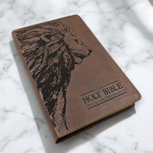Personalized NLT Thinline Reference Bible: Engraved Lion, Rustic Brown Leatherlike