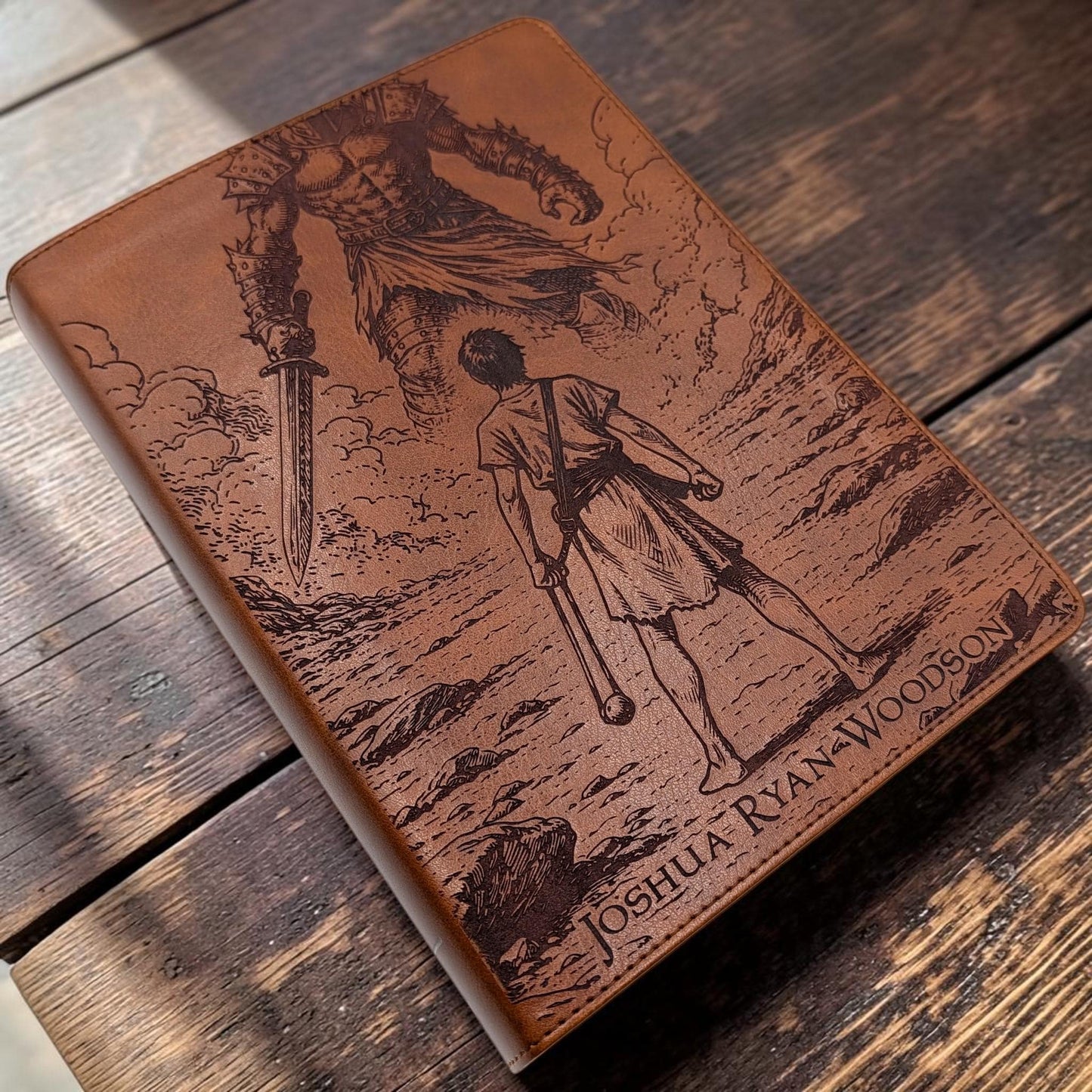 Personalized CSB He Reads Truth Bible: Engraved David & Goliath, Brown Leatherlike, Wide Margin